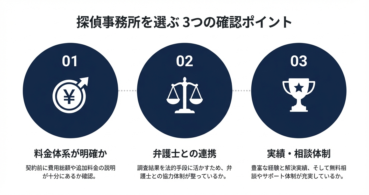 探偵事務所を選ぶときの3つの確認ポイント 料金透明性・弁護士連携・実績