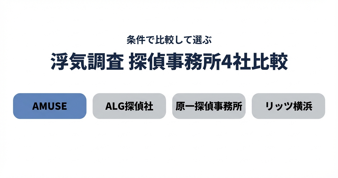 浮気調査 探偵事務所4社比較 AMUSE・ALG探偵社・原一探偵事務所・リッツ横浜探偵社