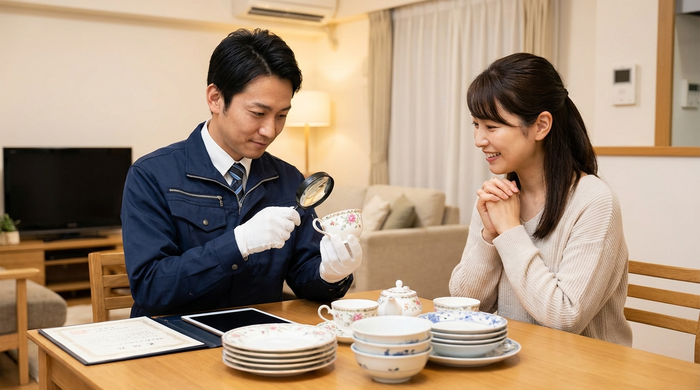 プロの査定士が白手袋で丁寧に食器を査定する様子