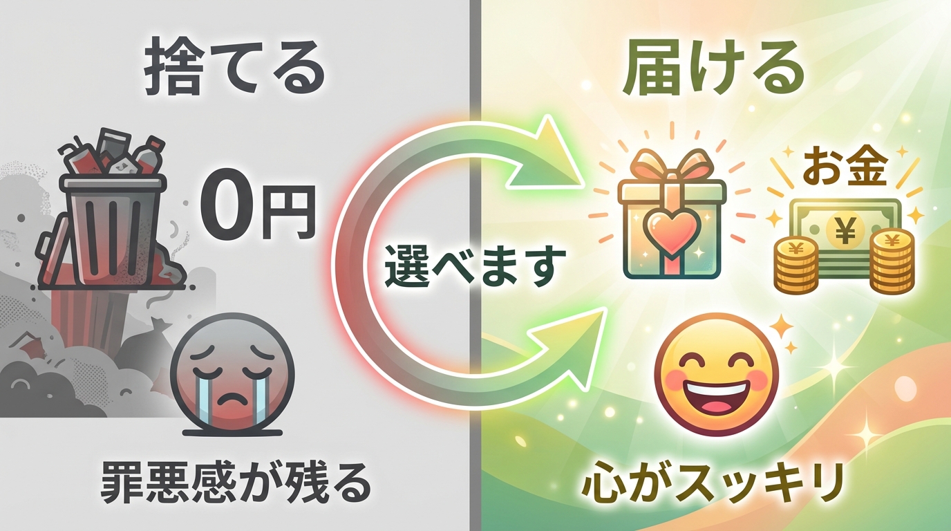 捨てる（0円・罪悪感）vs 届ける（お金・心がスッキリ）- 選べます