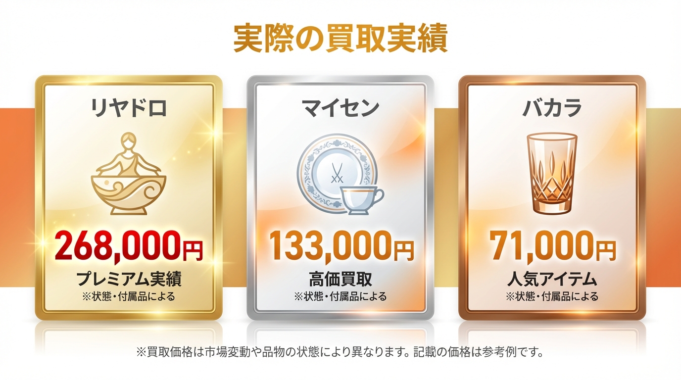 実際の買取実績 - リヤドロ268,000円・マイセン133,000円・バカラ71,000円